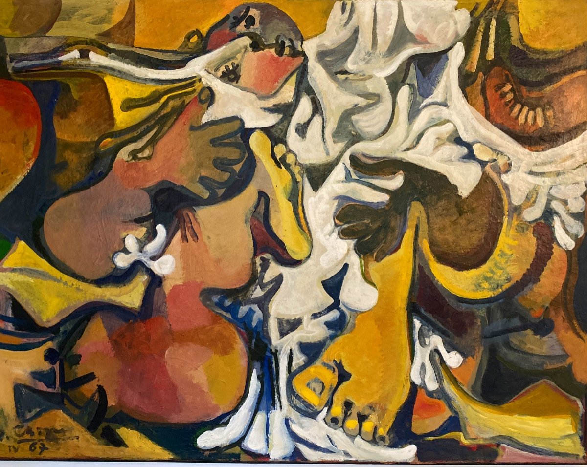 JEAN GEORGES CHAPE (1913-2002) Huile  sur bois Signée Et Datée «couple Enlacé »