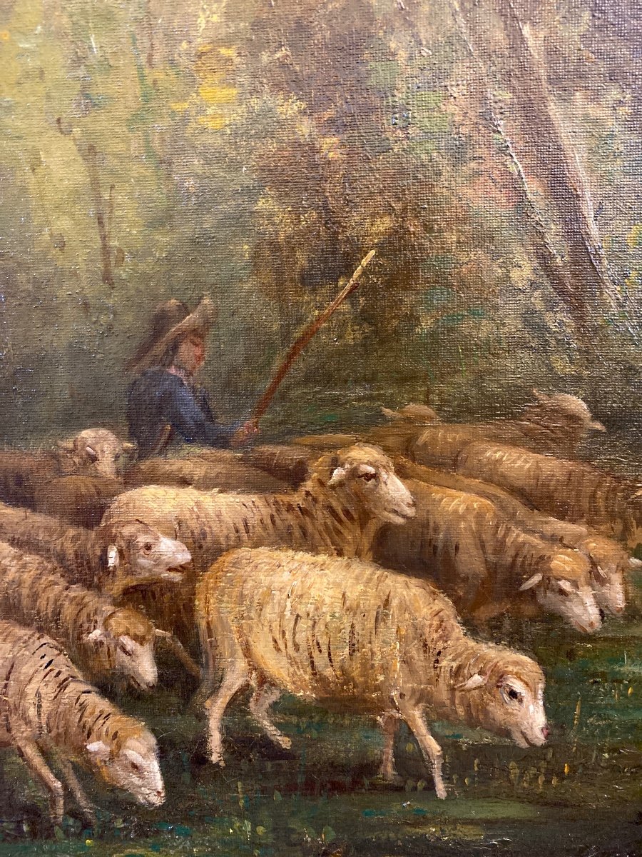 GUILLEMINET Claude Marie (1821-1885) «Le Berger et ses moutons »huile Sur Toile -photo-3