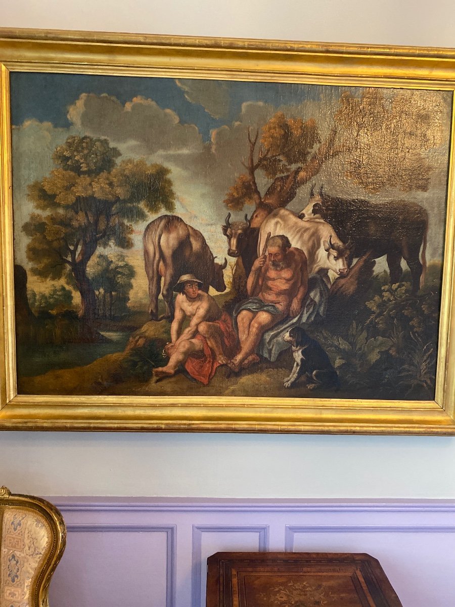 «Mercure,Argus et Io » Grande Huile Sur Toile Attribuée à Jacob Jordaens-photo-2