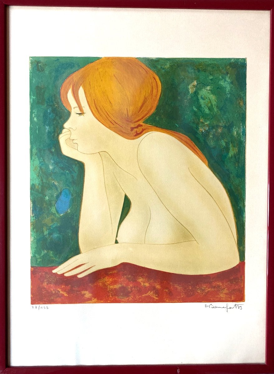 “leaning Nude” Lithograph Signed Alain Bonnefoit (1937)