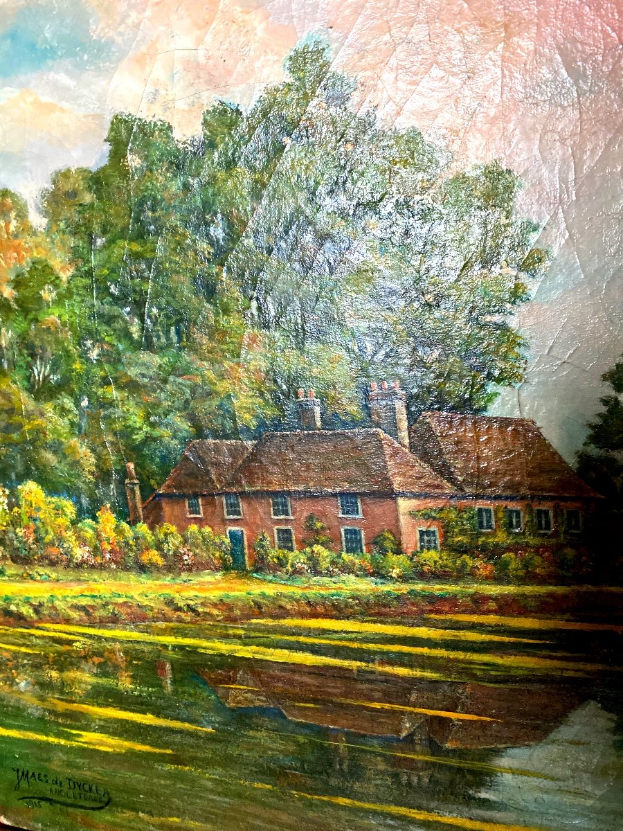 JMAES de DYCKER  Angleterre 1915 Huile Sur Toile « Manoir Au Fond Du Lac»-photo-2