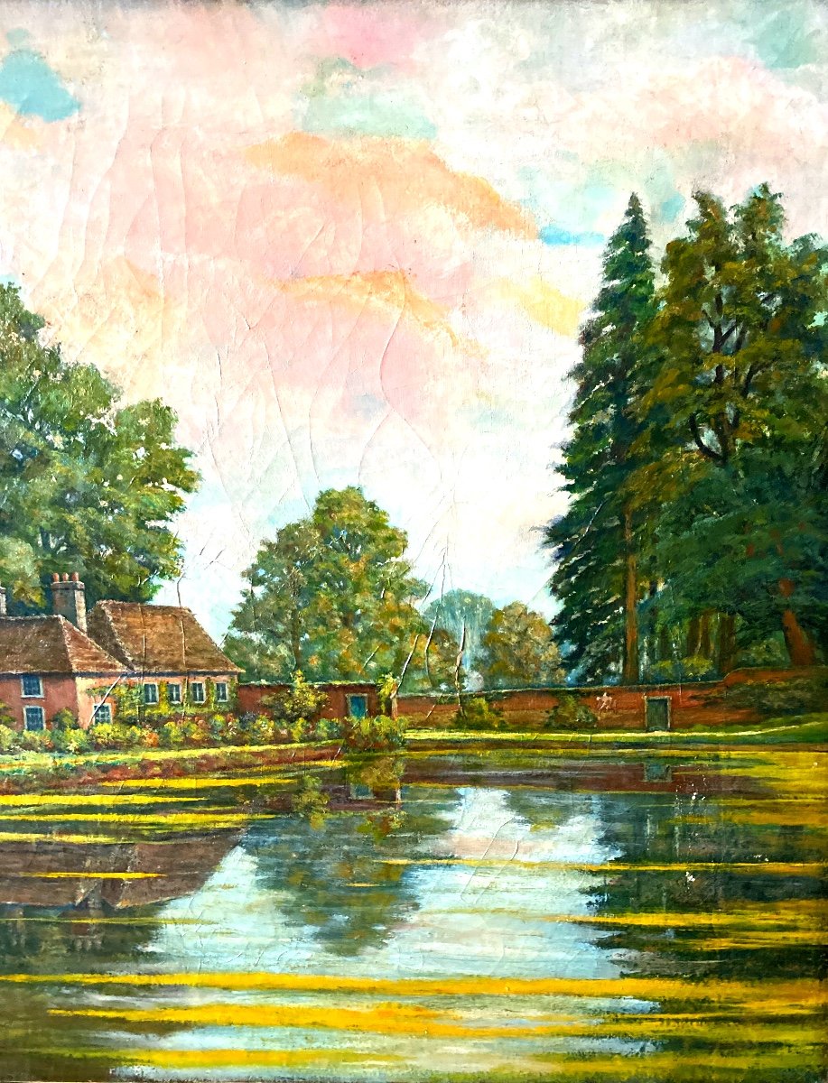 JMAES de DYCKER  Angleterre 1915 Huile Sur Toile « Manoir Au Fond Du Lac»-photo-3