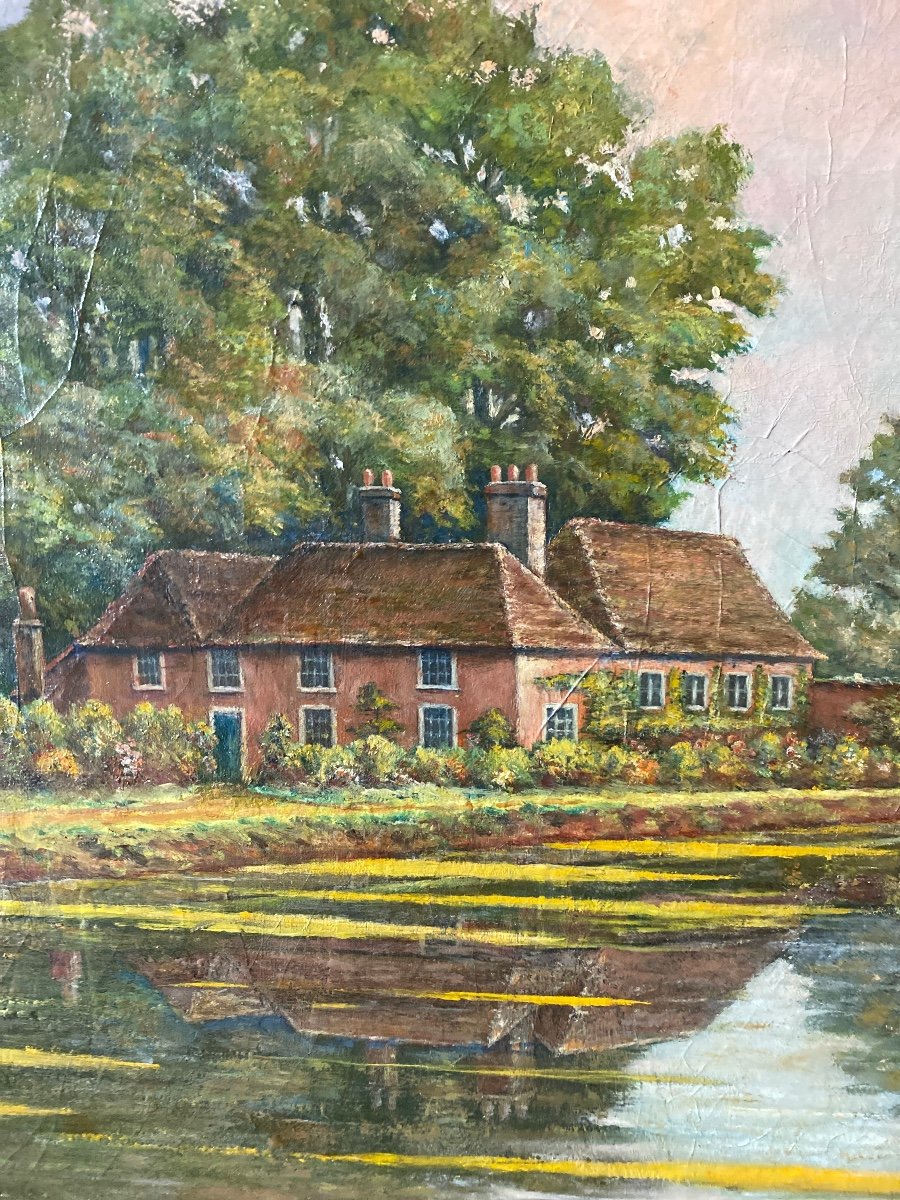 JMAES de DYCKER  Angleterre 1915 Huile Sur Toile « Manoir Au Fond Du Lac»-photo-4