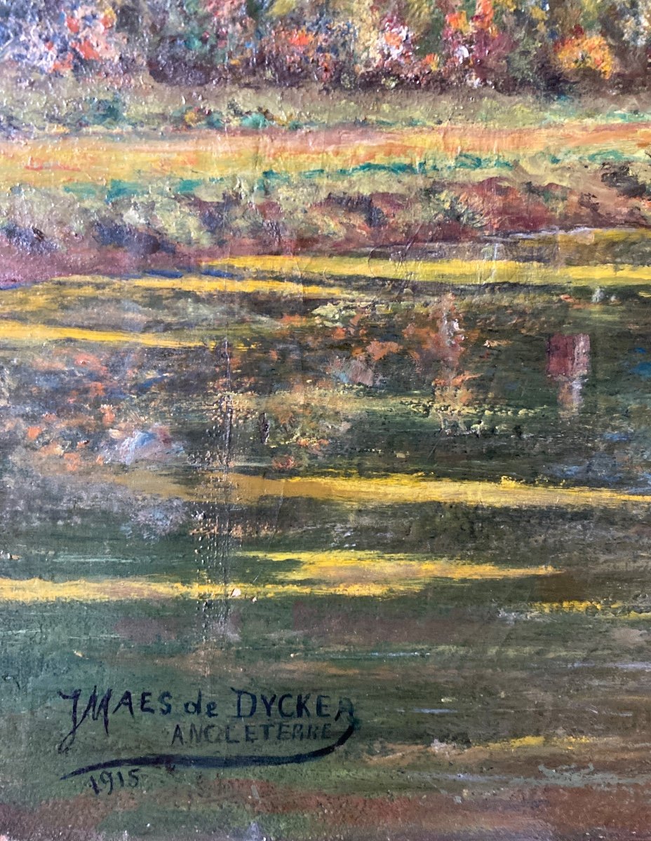 JMAES de DYCKER  Angleterre 1915 Huile Sur Toile « Manoir Au Fond Du Lac»-photo-1