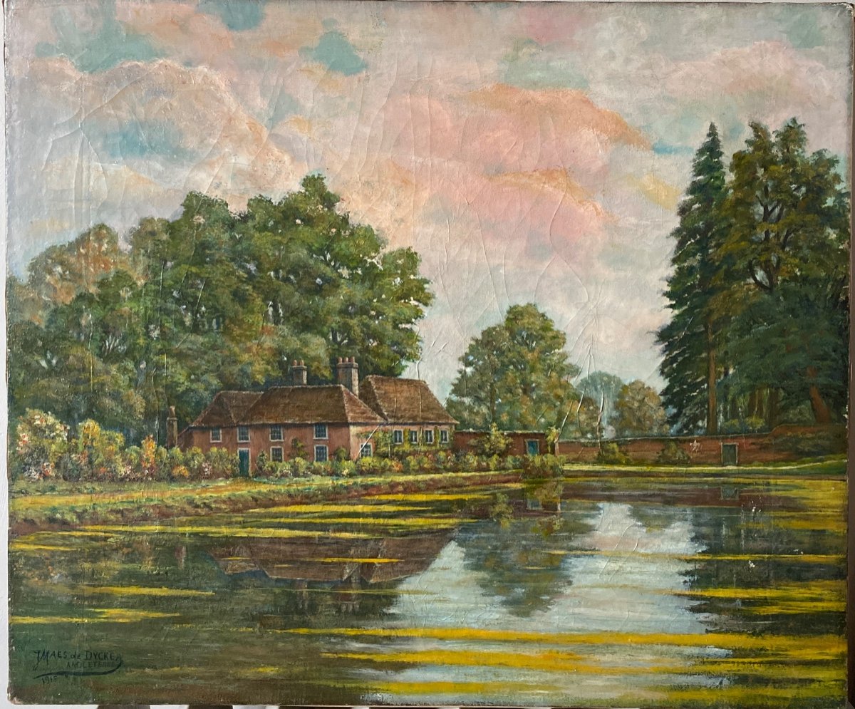 JMAES de DYCKER  Angleterre 1915 Huile Sur Toile « Manoir Au Fond Du Lac»