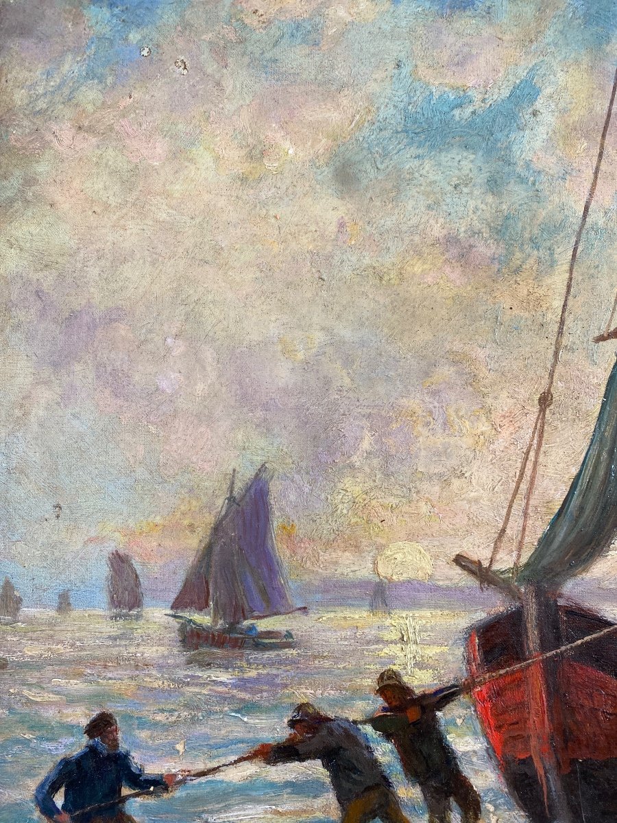 A.HERCOUËT. Huile Sur Toile «retour Au Port »-photo-1