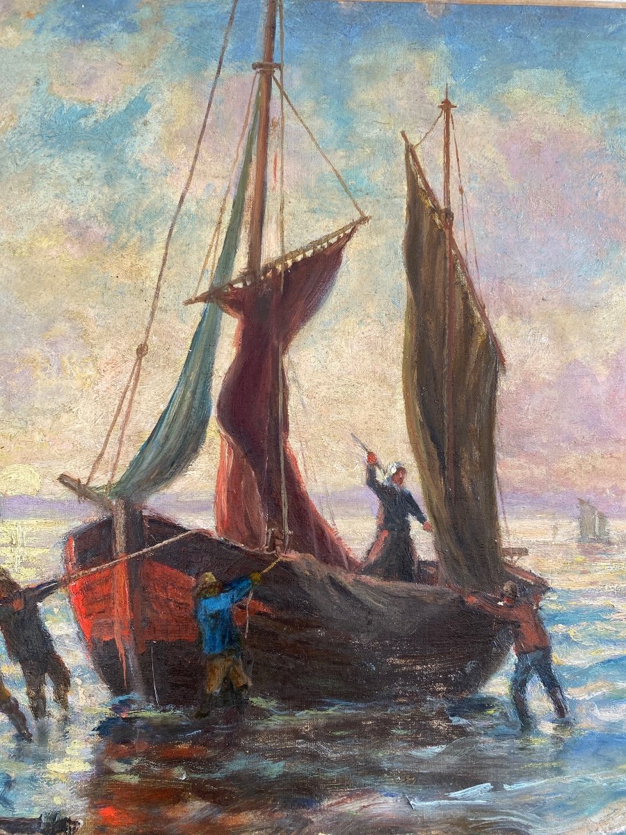 A.HERCOUËT. Huile Sur Toile «retour Au Port »-photo-2