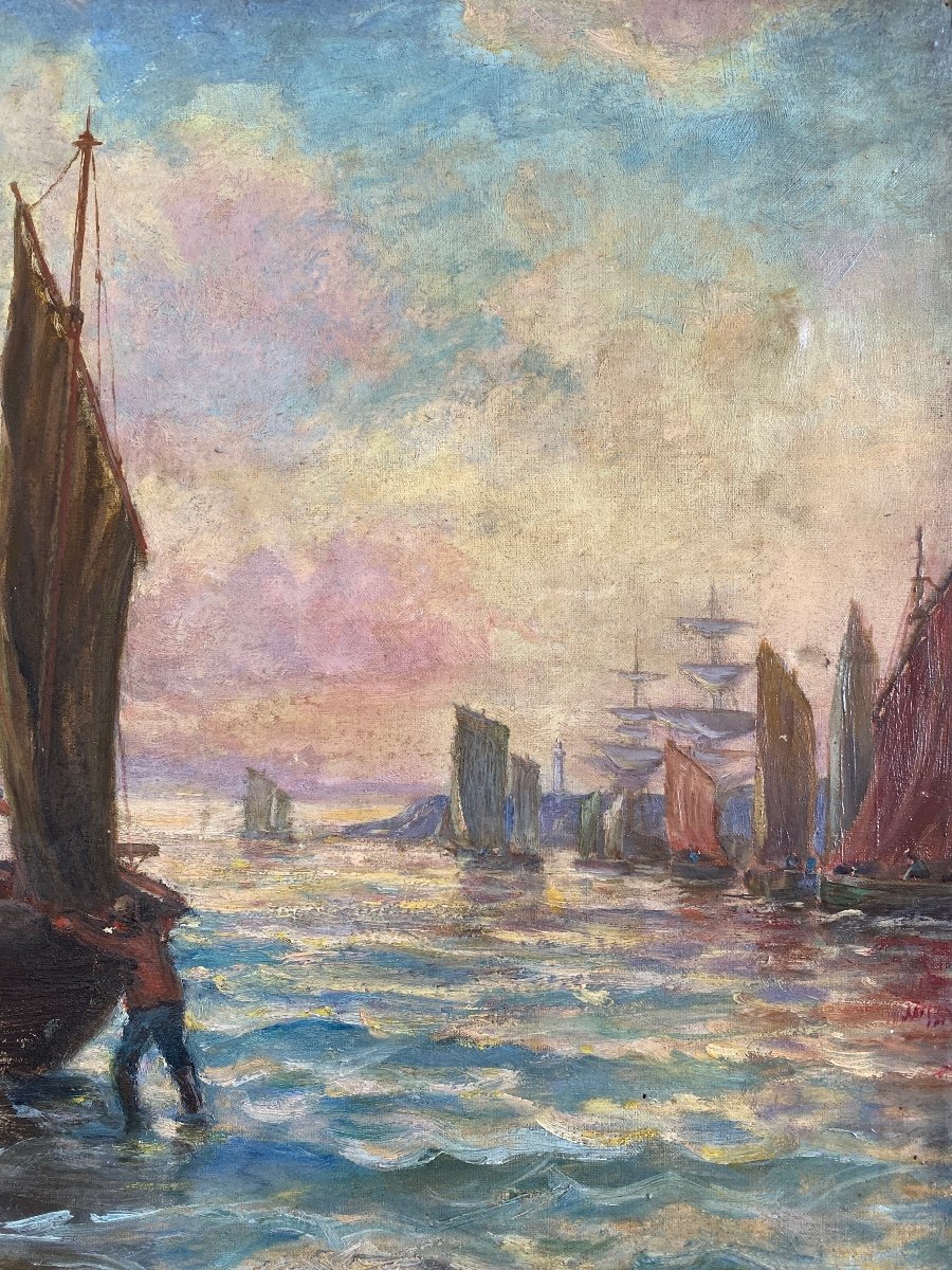 A.HERCOUËT. Huile Sur Toile «retour Au Port »-photo-3