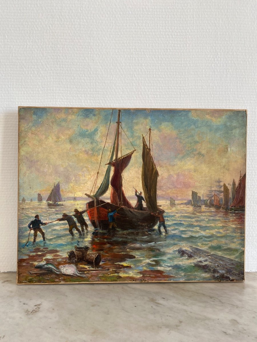 A.HERCOUËT. Huile Sur Toile «retour Au Port »-photo-4