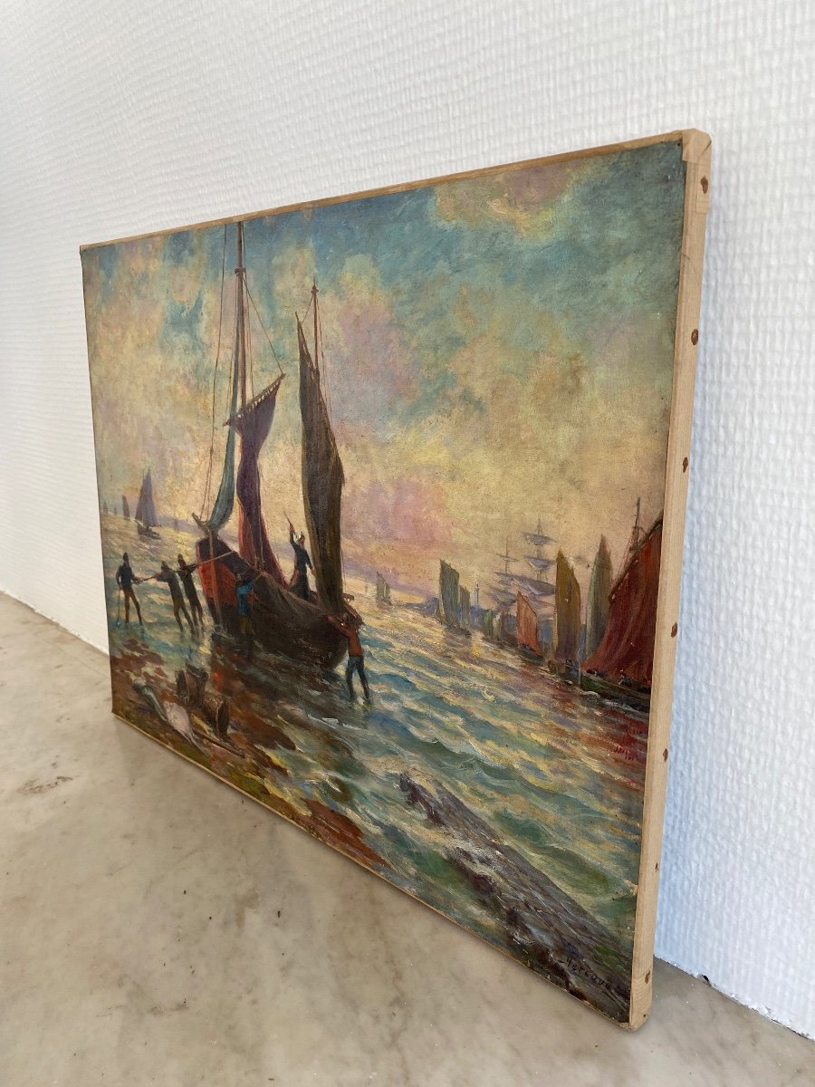 A.HERCOUËT. Huile Sur Toile «retour Au Port »-photo-5