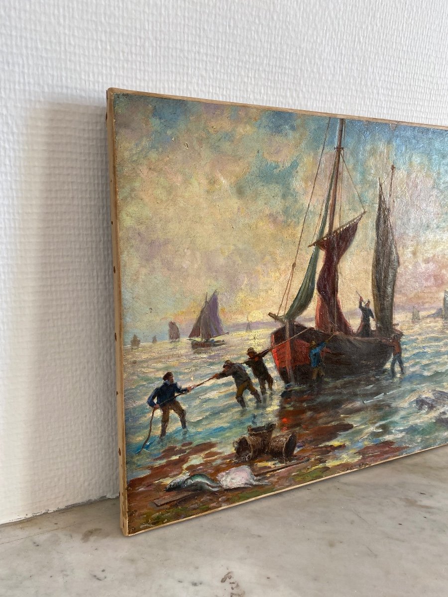 A.HERCOUËT. Huile Sur Toile «retour Au Port »-photo-6