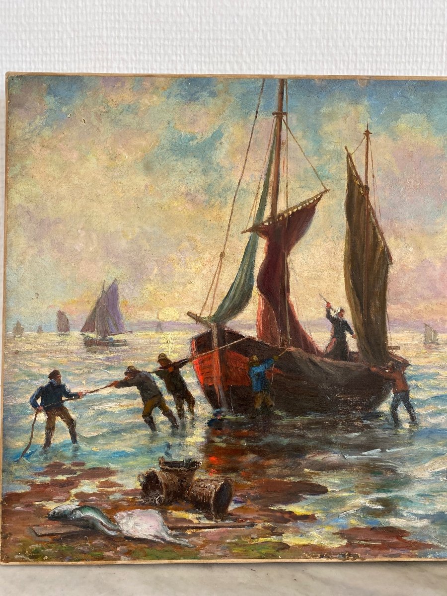 A.HERCOUËT. Huile Sur Toile «retour Au Port »-photo-7