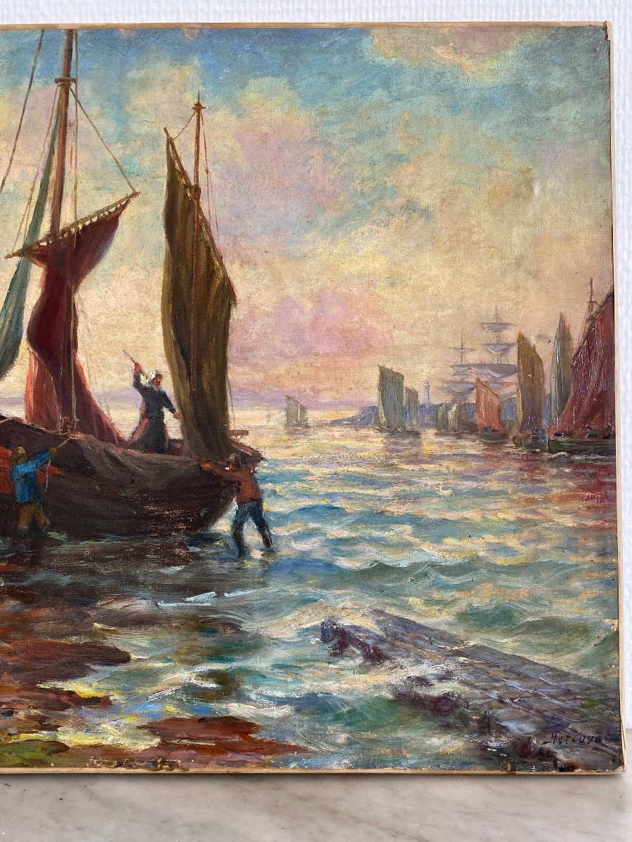 A.HERCOUËT. Huile Sur Toile «retour Au Port »-photo-8