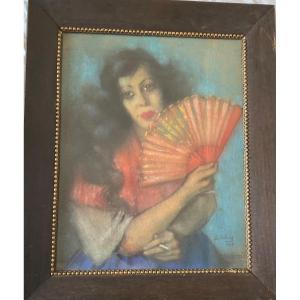 Delétang Robert (1874-1951) “spanish Fan” Pastel Signed And Dated.