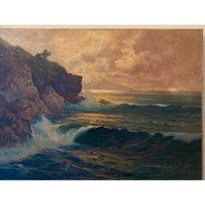 Oil On Canvas "waves On The Rocks" Signed O.marlini