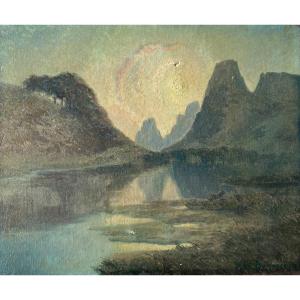 François Max Bugnicourt (1868-1936) «Lac En Montagne » Huile Sur Toile