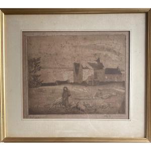 François Max Bugnicourt (1868-1936) “the Shepherdess” Etching Signed And Titled In Pencil 