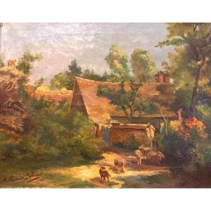 Paumier Bilhaut 19th 20th Century “sheepfold In The Countryside” Oil On Canvas