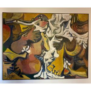 JEAN GEORGES CHAPE (1913-2002) Huile  sur bois Signée Et Datée «couple Enlacé »