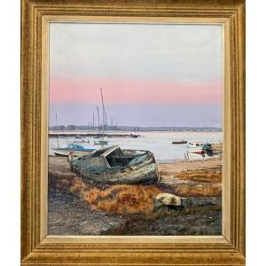 LESCURE JEAN  (1934) «bateaux à Marée Basse » Huile Sur Toile