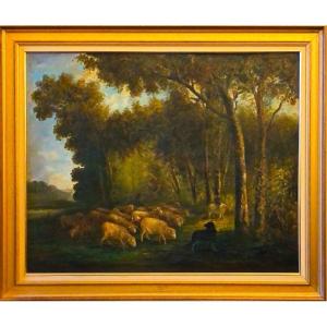 GUILLEMINET Claude Marie (1821-1885) «Le Berger et ses moutons »huile Sur Toile 