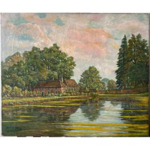 JMAES de DYCKER  Angleterre 1915 Huile Sur Toile « Manoir Au Fond Du Lac»