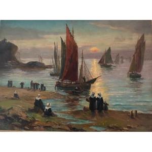 A.HERCOUËT  Huile Sur Toile Marine Bretonne «retour de pêche »