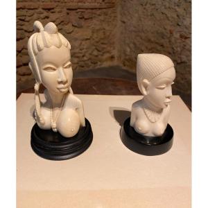 Pair Of African Carved Ivory Busts.