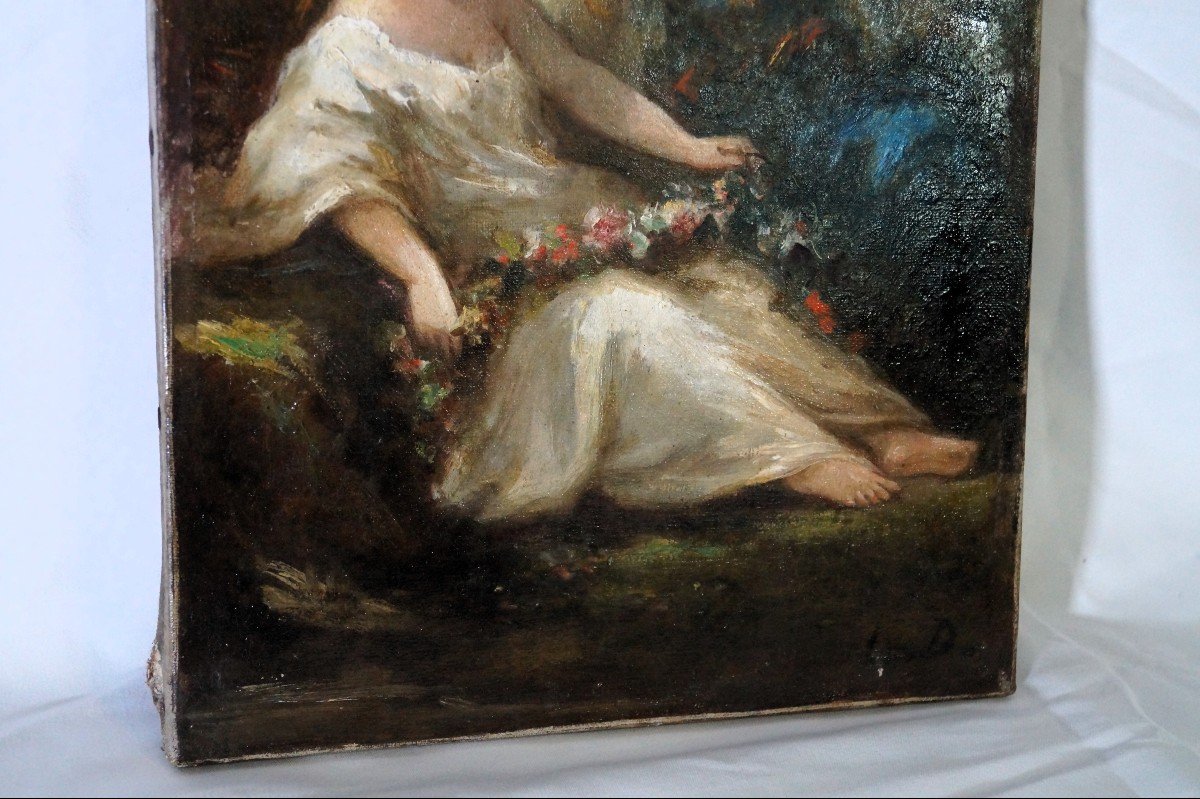 Oil On Canvas "the Crown Of Flowers" By Louis Devedeux (1820-1874)-photo-3