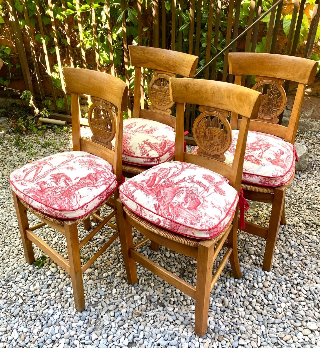 Suite Of 4 Directoire Period Straw Chairs With Cut Backs