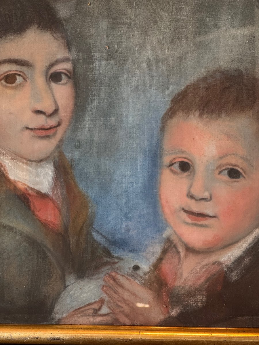 Portrait de Deux Enfants avec un Lapin, Pastel Début XIXe Siècle-photo-2