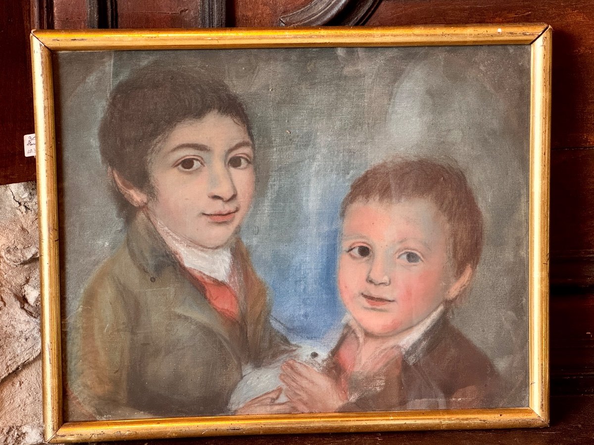 Portrait de Deux Enfants avec un Lapin, Pastel Début XIXe Siècle-photo-5