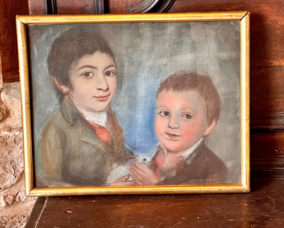 Portrait de Deux Enfants avec un Lapin, Pastel Début XIXe Siècle