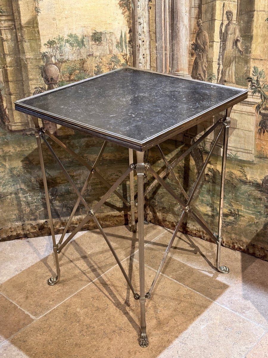 Silvered Métal Table, Attributed To Jansen, 20th Century, Black Marble Top-photo-1