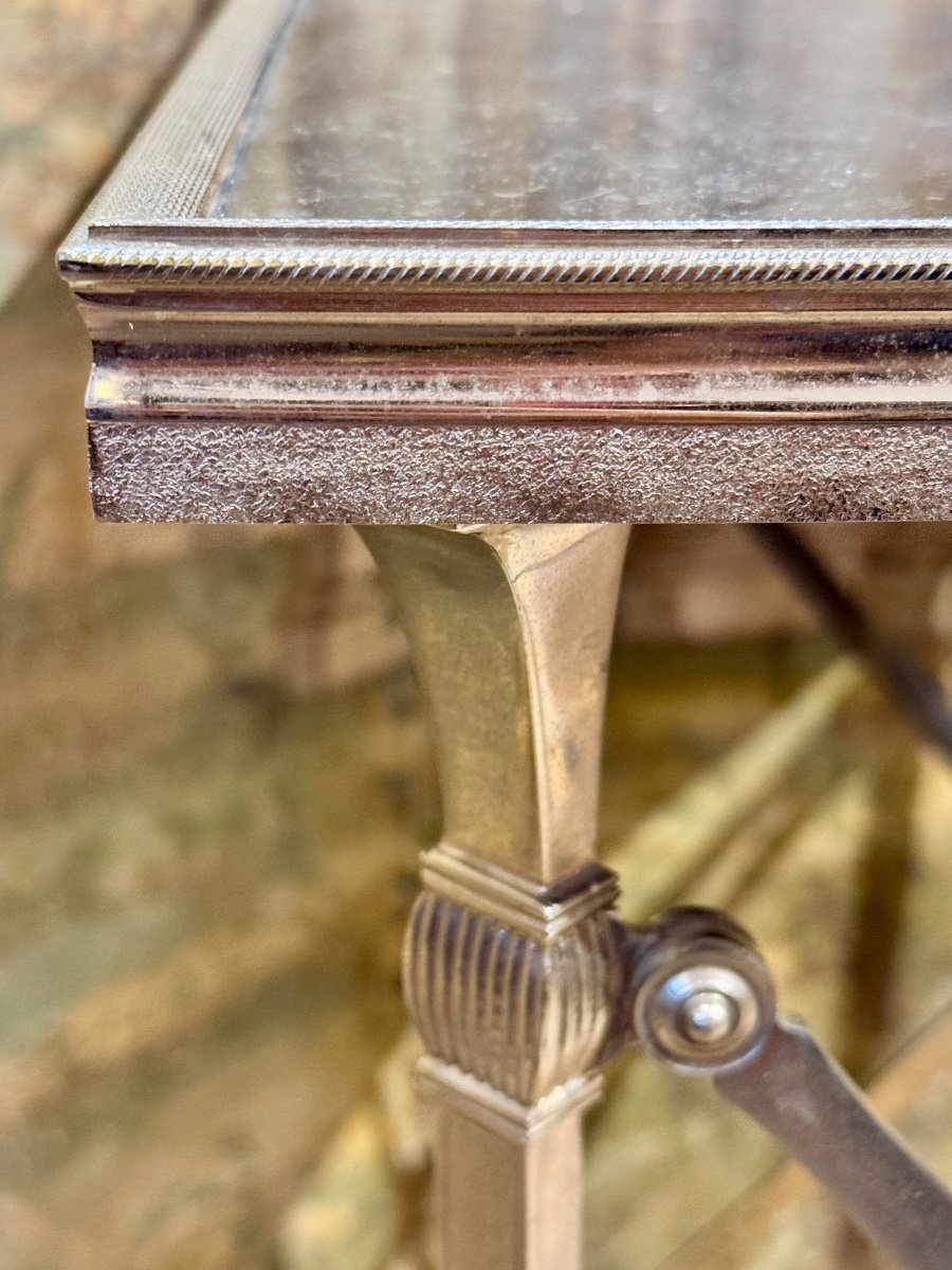 Silvered Métal Table, Attributed To Jansen, 20th Century, Black Marble Top-photo-2