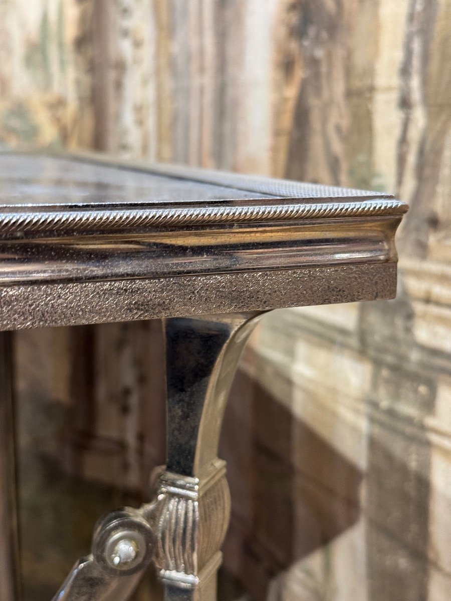 Silvered Métal Table, Attributed To Jansen, 20th Century, Black Marble Top-photo-5