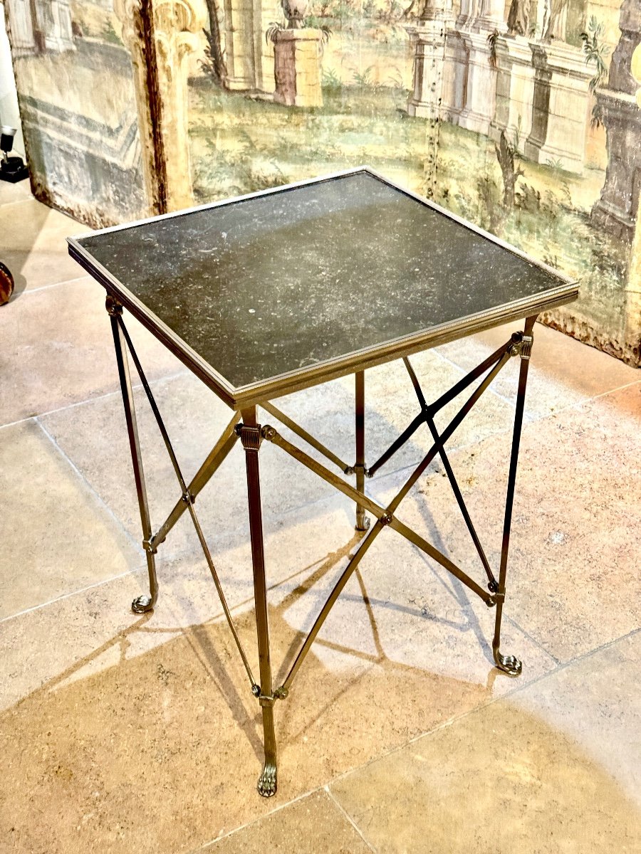 Silvered Métal Table, Attributed To Jansen, 20th Century, Black Marble Top-photo-8