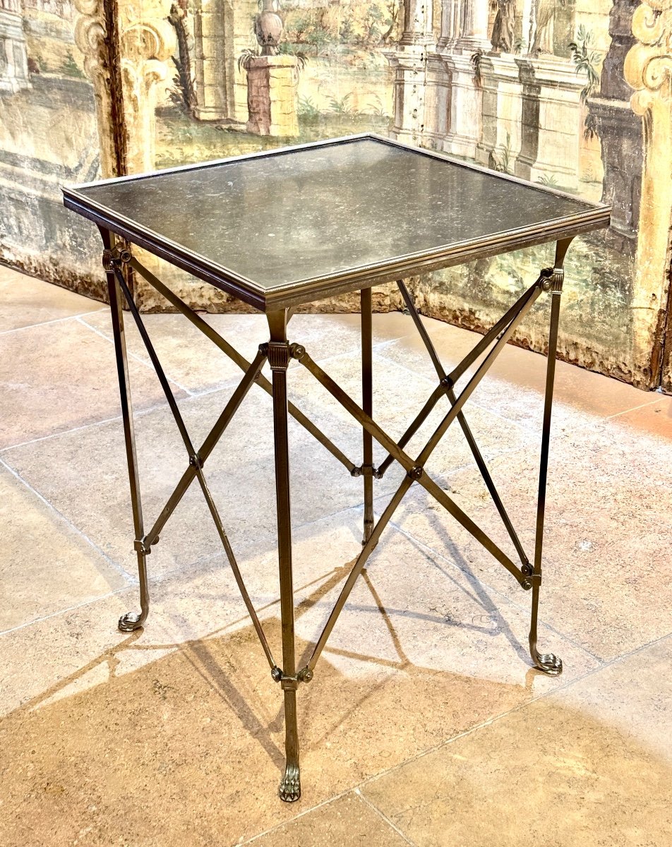 Silvered Métal Table, Attributed To Jansen, 20th Century, Black Marble Top