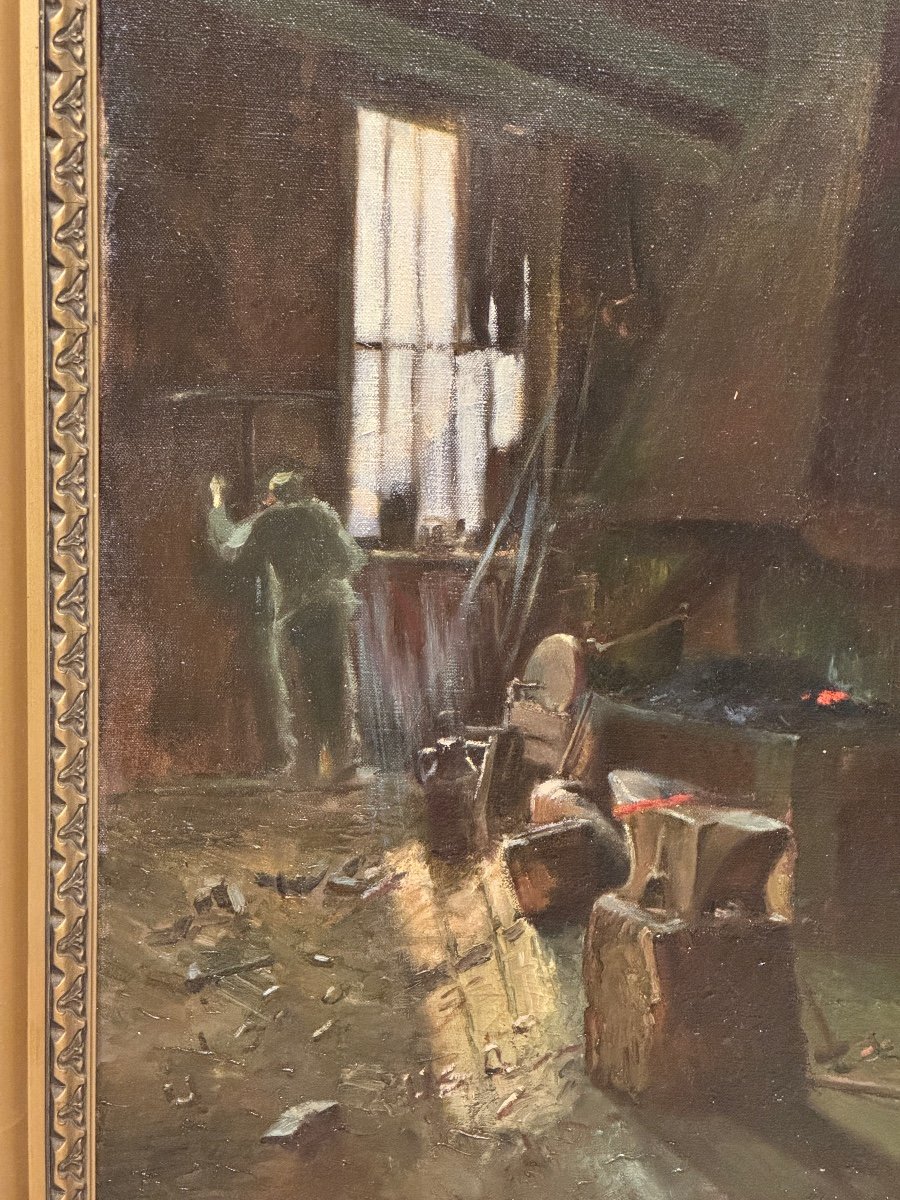 Peinture à L’huile Sur Toile – Intérieur De Forge, Signée H. Boyer, Fin XIXe - Début XXe Siècle-photo-3