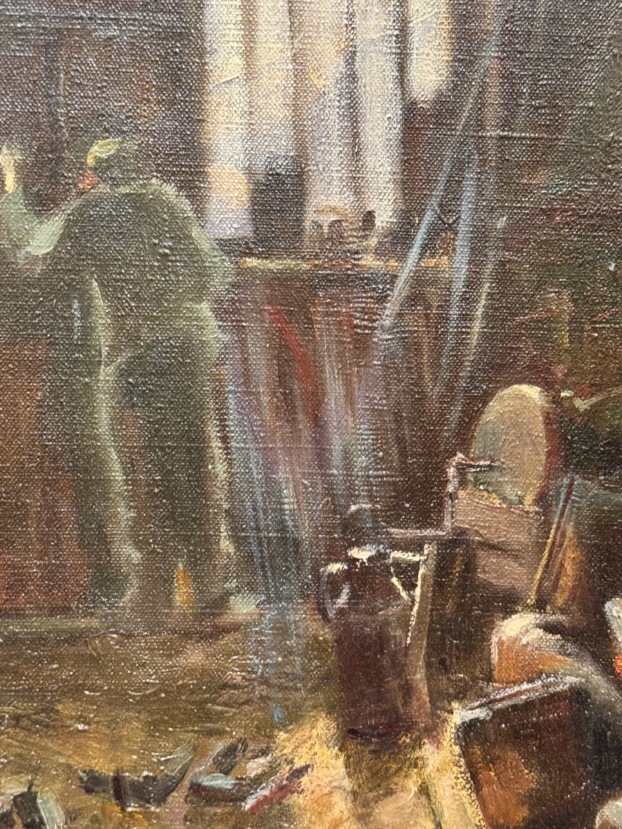 Peinture à L’huile Sur Toile – Intérieur De Forge, Signée H. Boyer, Fin XIXe - Début XXe Siècle-photo-4