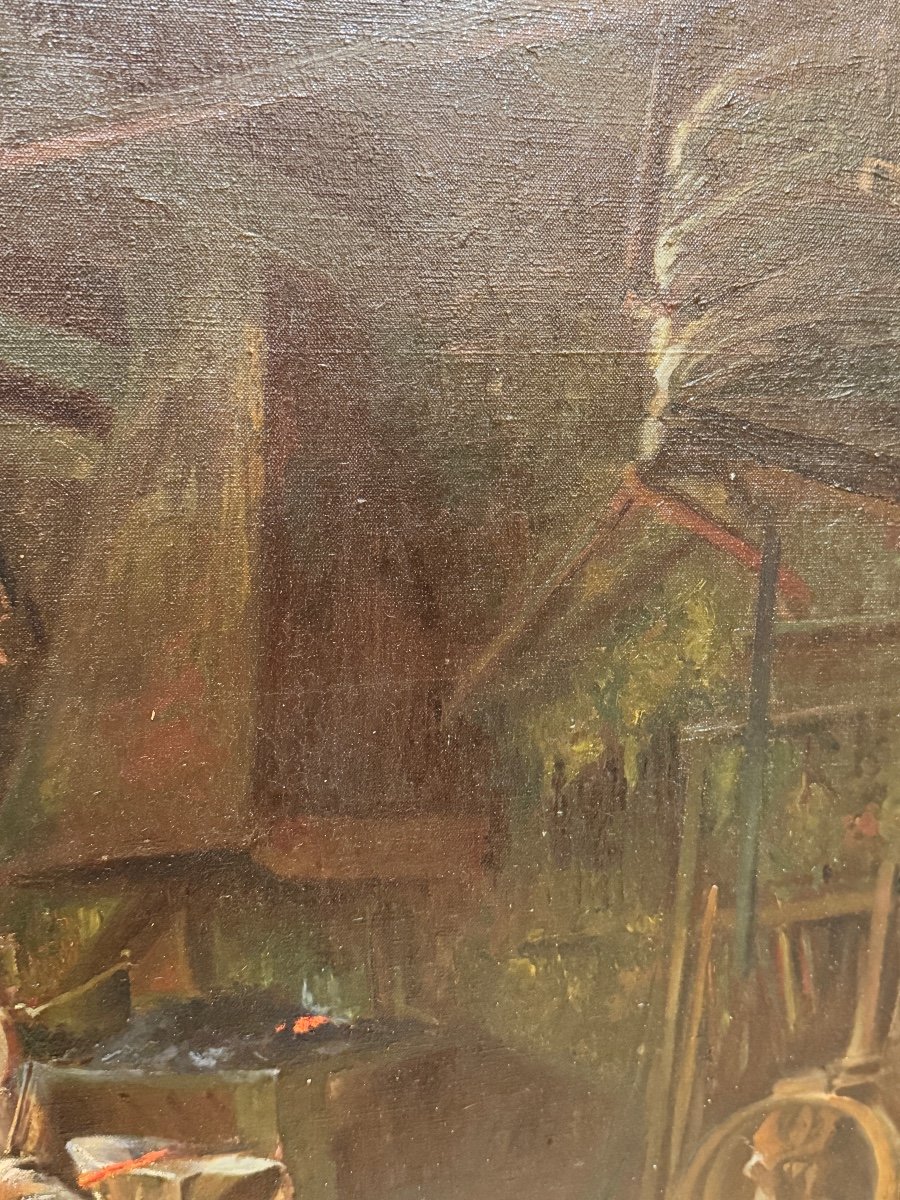 Peinture à L’huile Sur Toile – Intérieur De Forge, Signée H. Boyer, Fin XIXe - Début XXe Siècle-photo-1