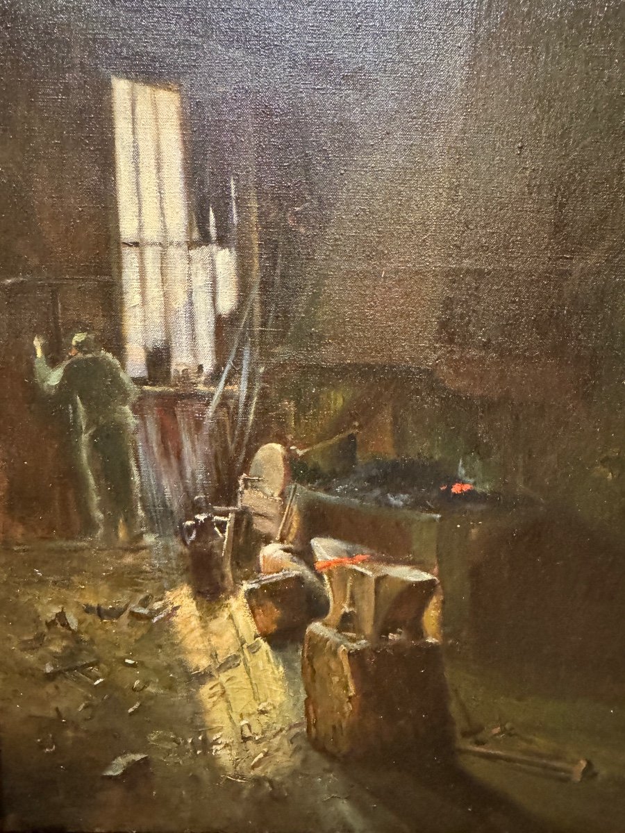 Peinture à L’huile Sur Toile – Intérieur De Forge, Signée H. Boyer, Fin XIXe - Début XXe Siècle-photo-6