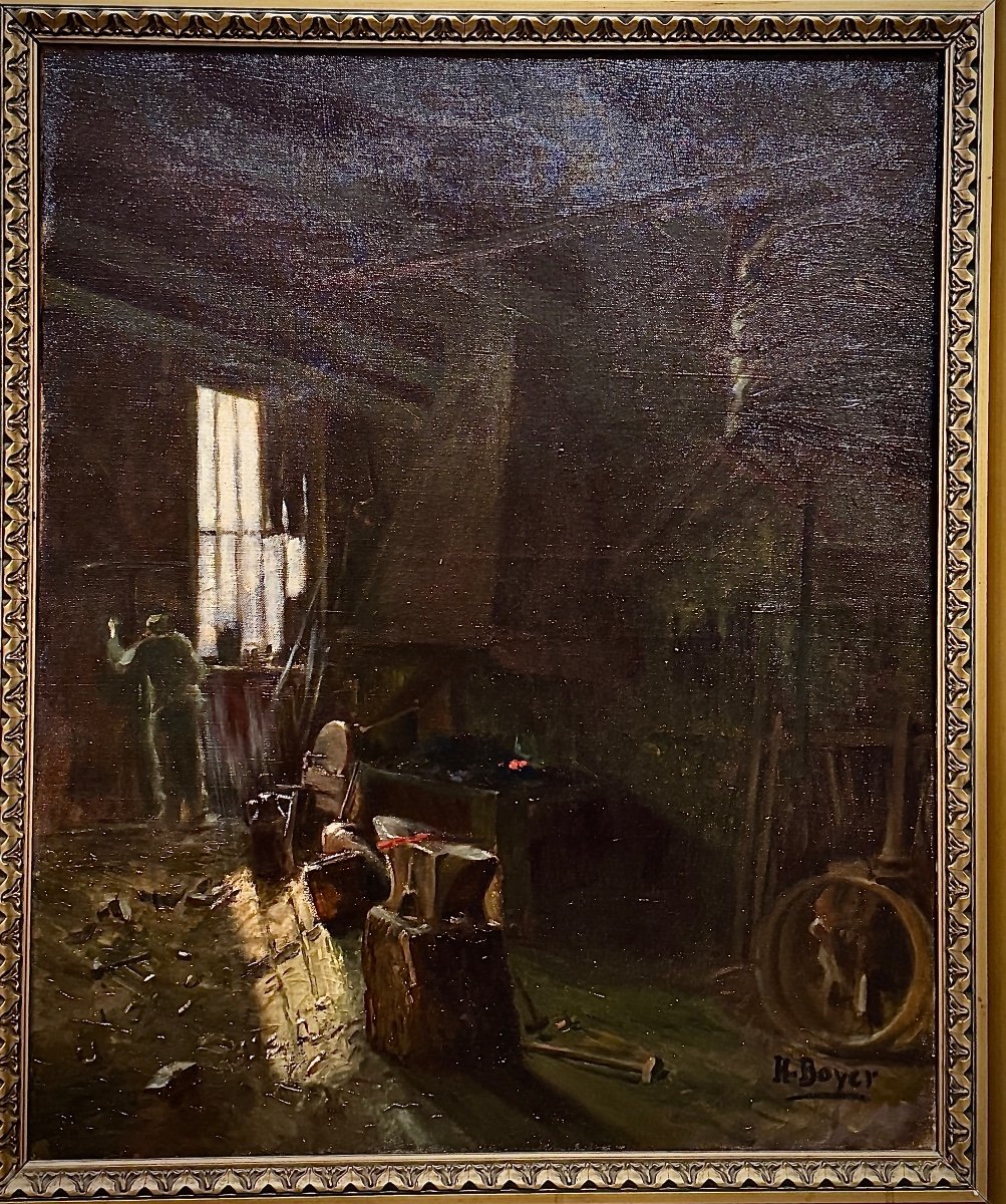 Peinture à L’huile Sur Toile – Intérieur De Forge, Signée H. Boyer, Fin XIXe - Début XXe Siècle