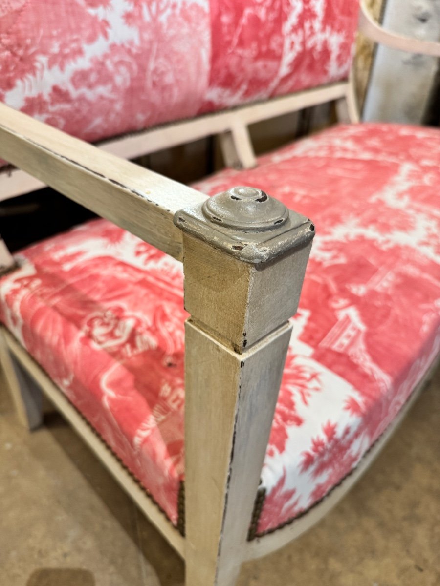 Directoire Bench In Patinated Wood – 18th Century Fabric From The Beautiran Factory-photo-2