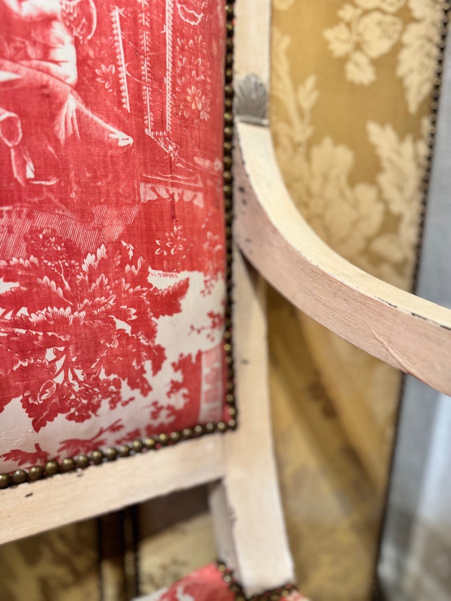 Directoire Bench In Patinated Wood – 18th Century Fabric From The Beautiran Factory-photo-4