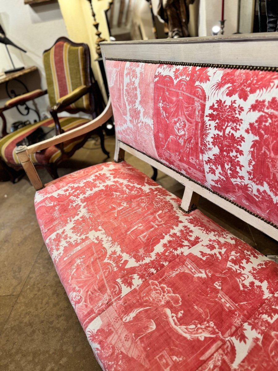 Directoire Bench In Patinated Wood – 18th Century Fabric From The Beautiran Factory-photo-6