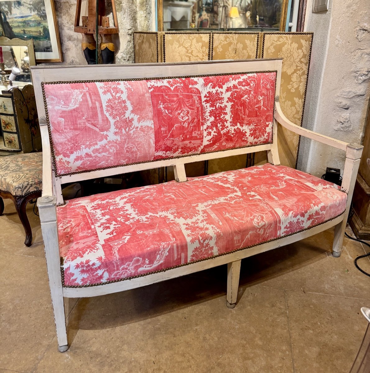 Directoire Bench In Patinated Wood – 18th Century Fabric From The Beautiran Factory