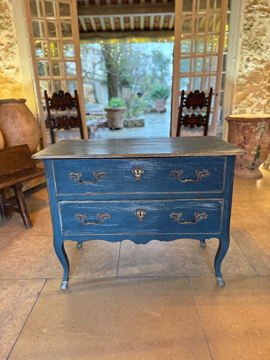 Louis XV Sauteuse Chest Of Drawers, Blue Patina, 18th Century-photo-2