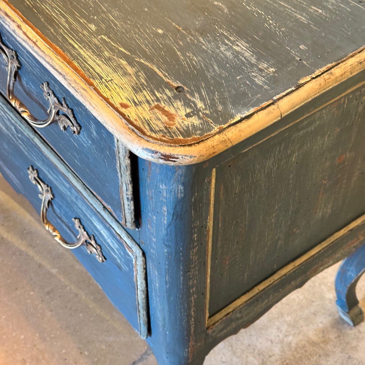 Louis XV Sauteuse Chest Of Drawers, Blue Patina, 18th Century-photo-3