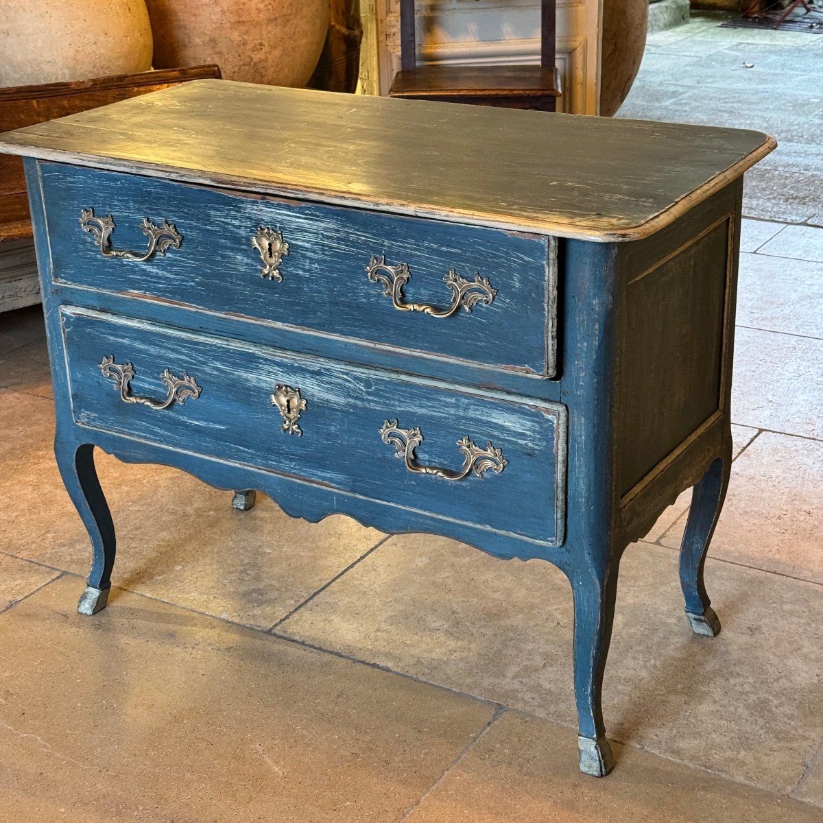 Louis XV Sauteuse Chest Of Drawers, Blue Patina, 18th Century